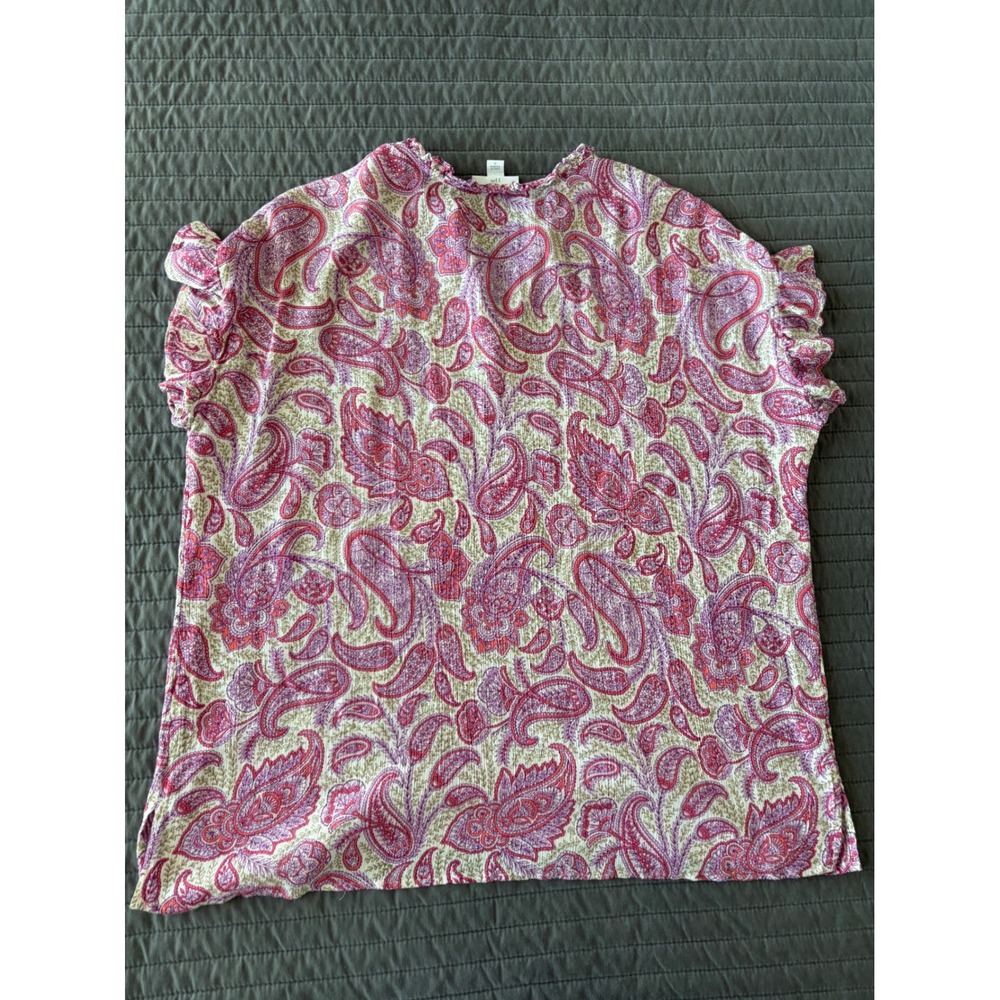J. Jill Pink Purple Paisley Ruffle Neck Flutter Sleeve Blouse Top Womens Medium - Picture 7 of 7